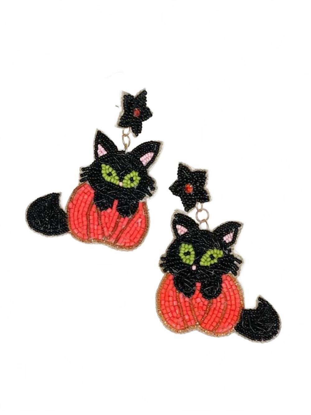 NEW PREP OBSESSED pumpkin cat beaded dangle earrings in orange and black